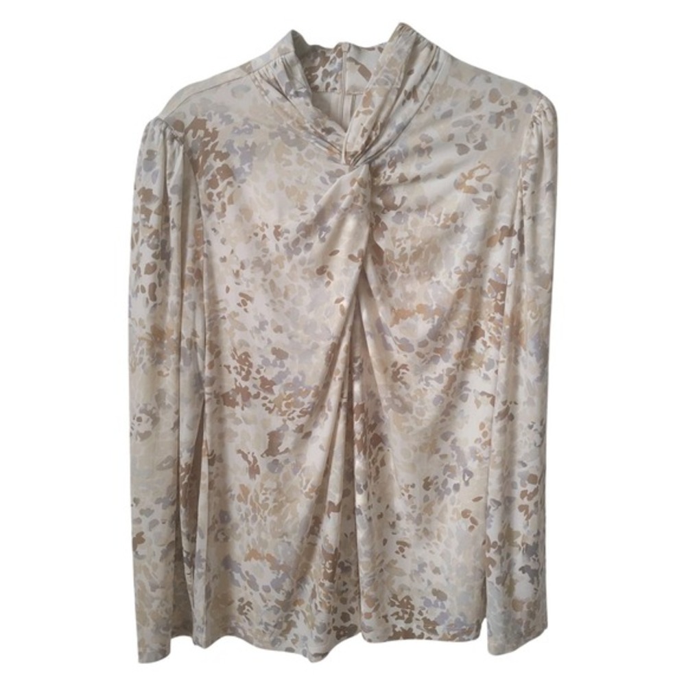 Susan Graver Womens Blouse XL Neutral Floral Long Sleeve Liquid Knit Workwear